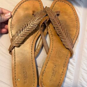 Coach Tan Leather Feather-Trim Thong Sandals